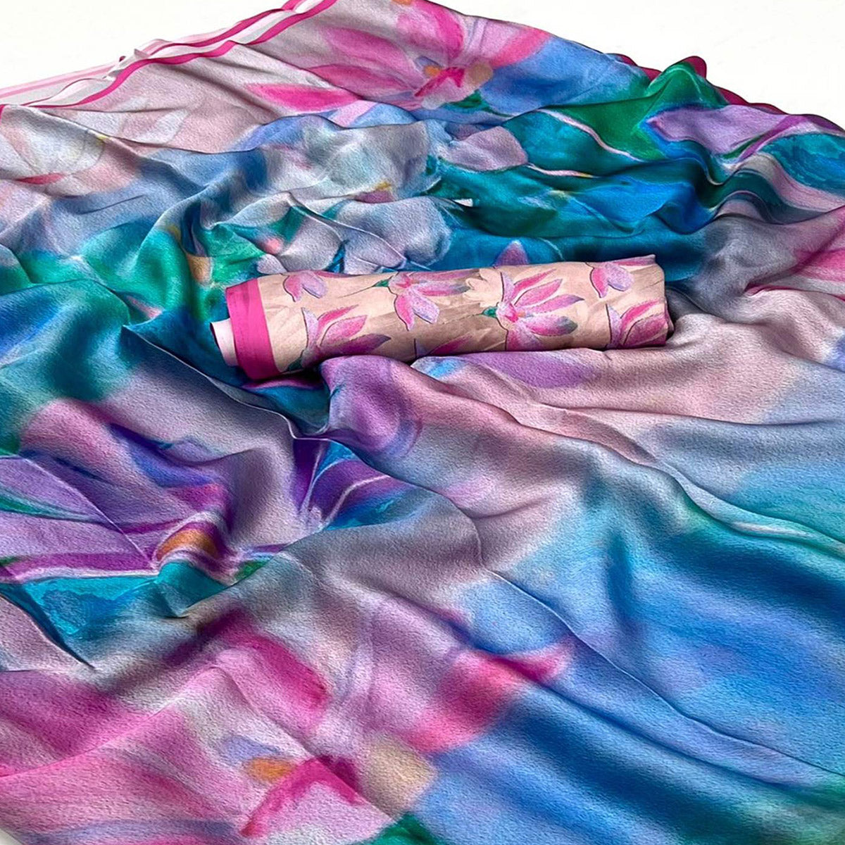 Multicolor Floral Digital Printed Satin Saree