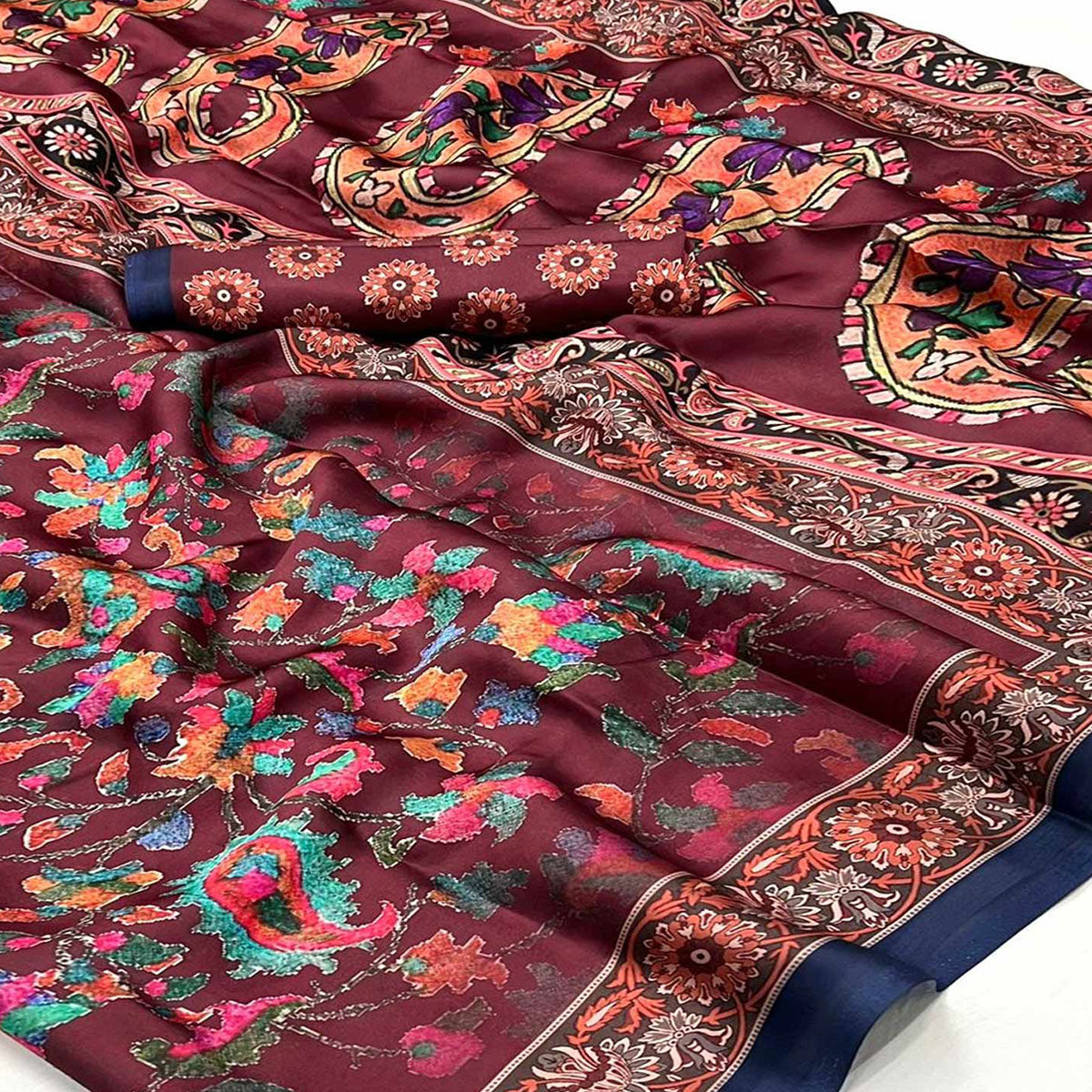 Maroon Floral Digital Printed Satin Saree