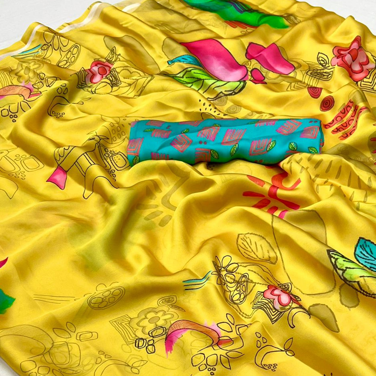 Yellow Floral Digital Printed Satin Saree