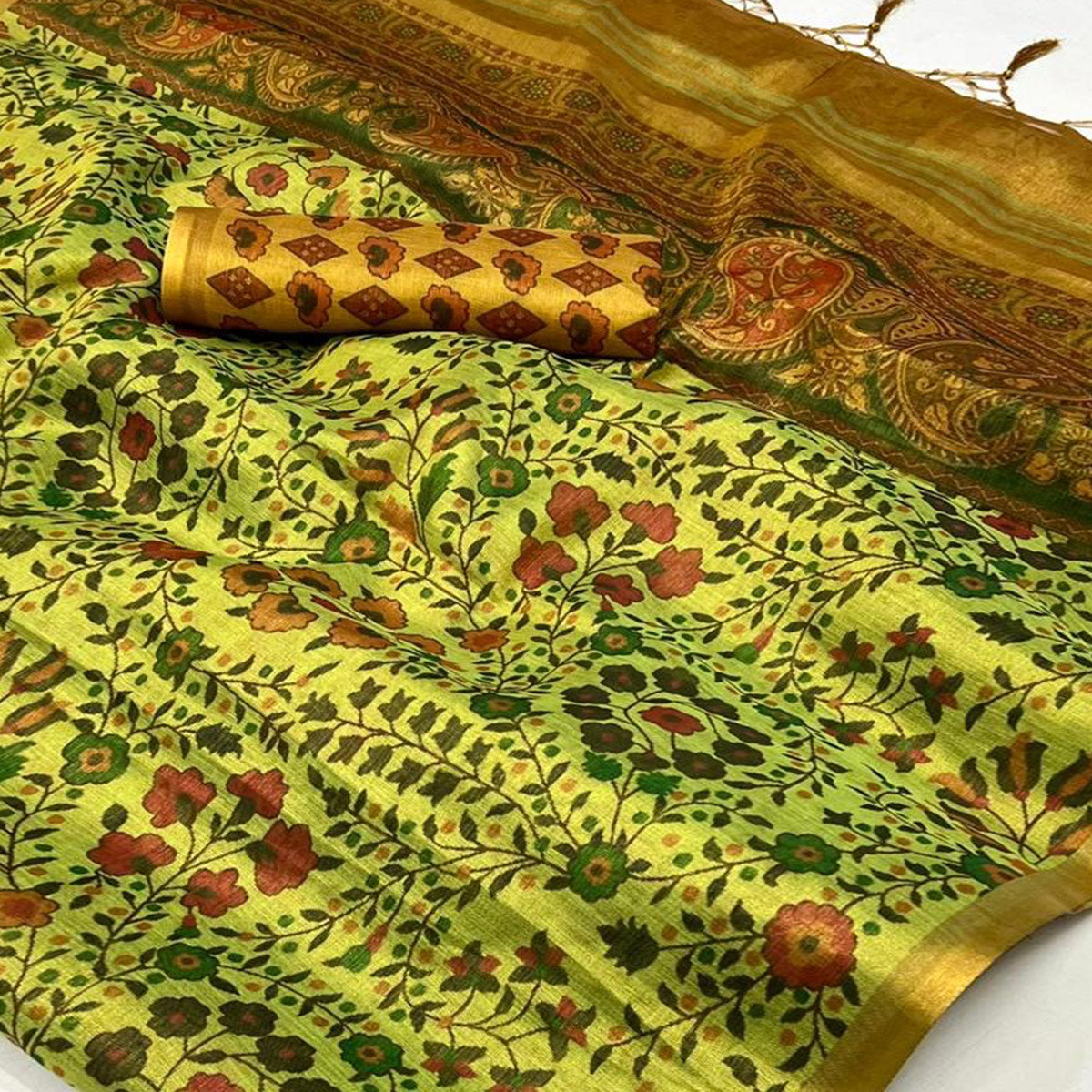 Green Floral Printed Tissue Saree With Tassels