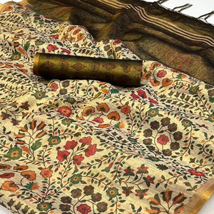 Beige Floral Printed Tissue Saree With Tassels