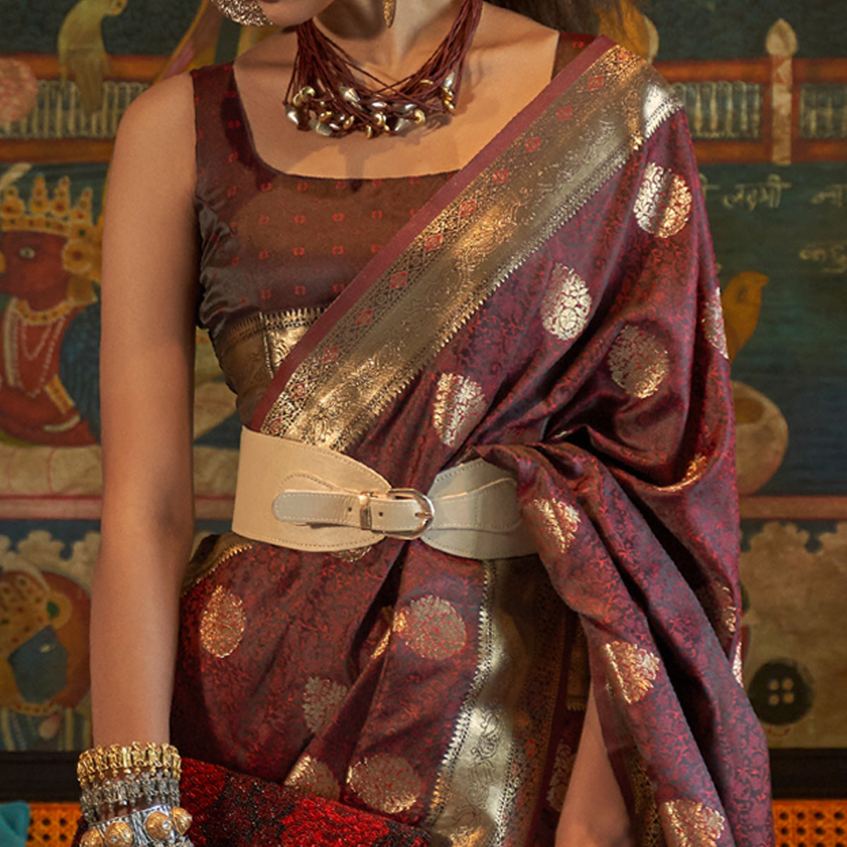 Maroon Floral Woven Satin Saree With Tassels