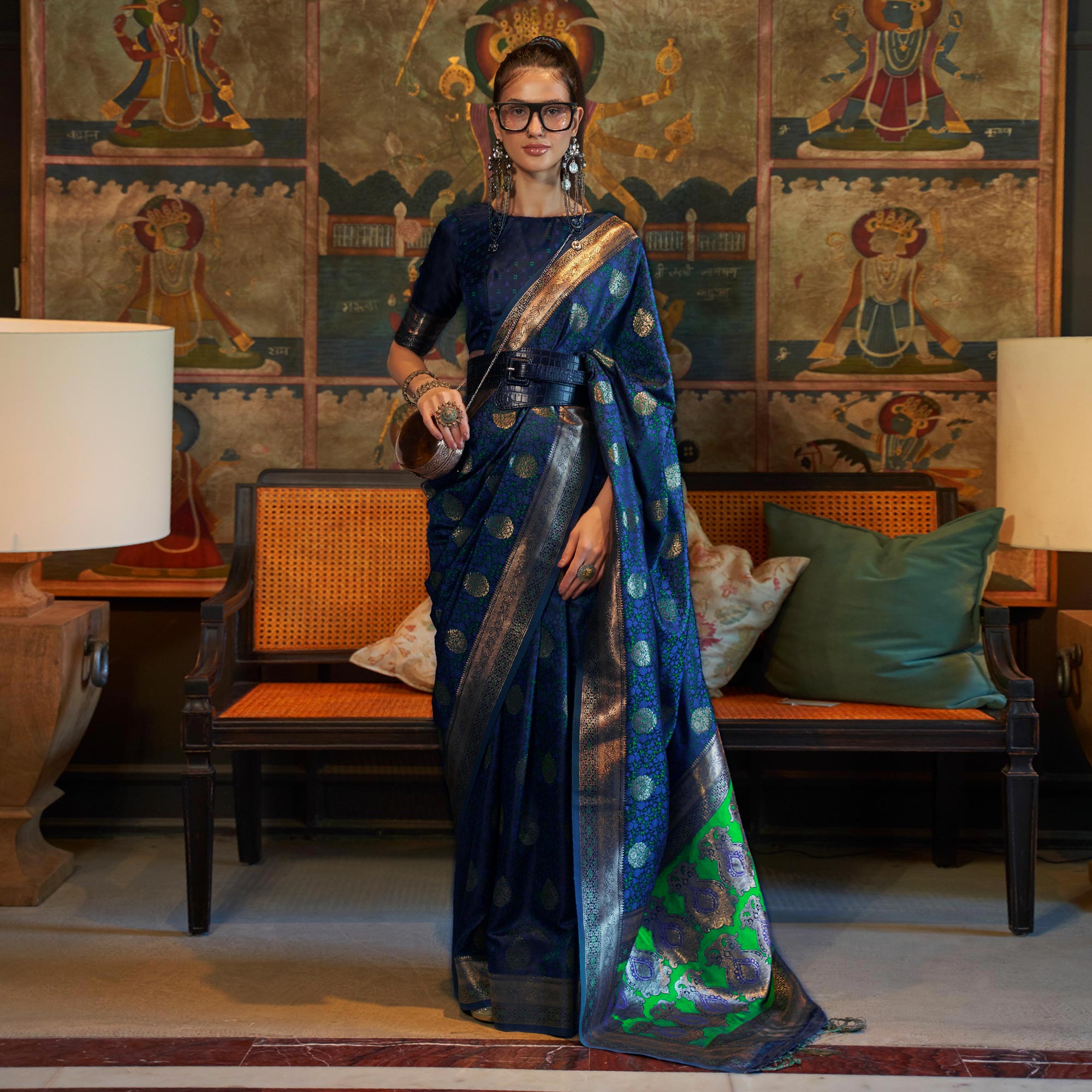 Navy Blue Floral Woven Satin Saree With Tassels