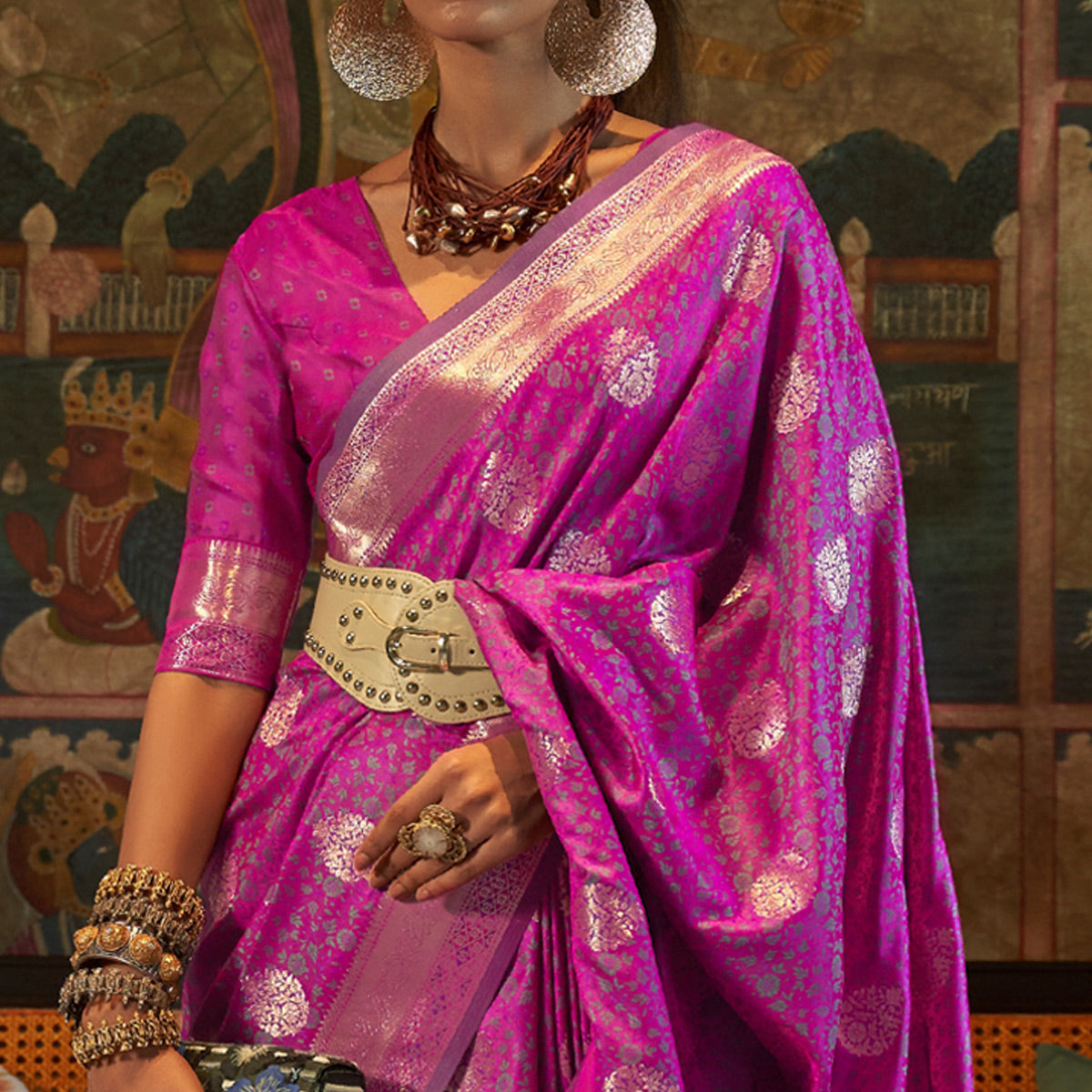 Purple Floral Woven Satin Saree With Tassels