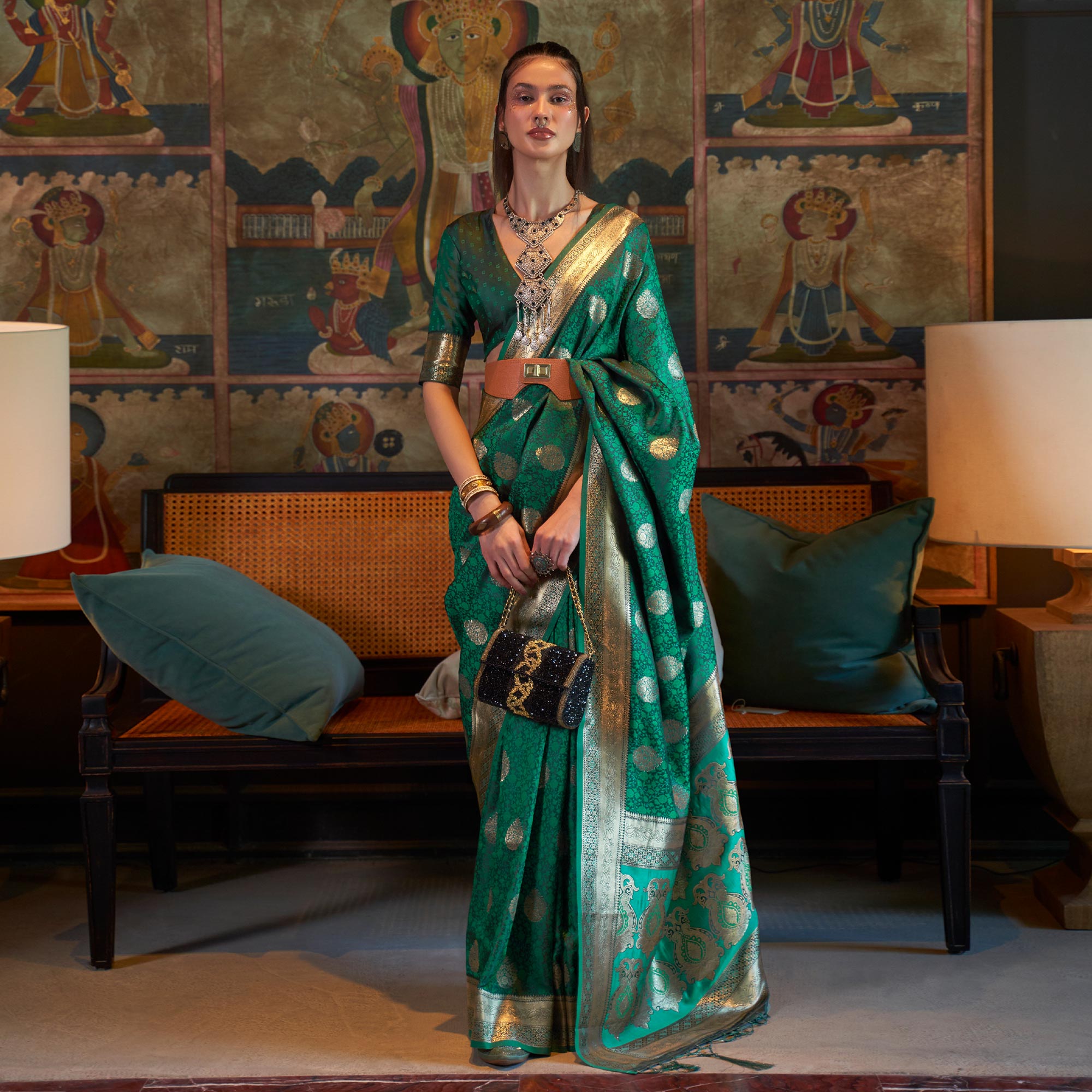 Green Floral Woven Satin Saree With Tassels