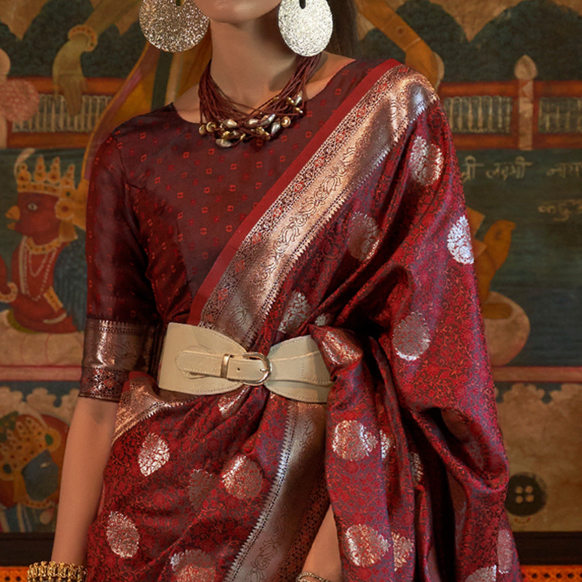 Brown Floral Woven Satin Saree With Tassels