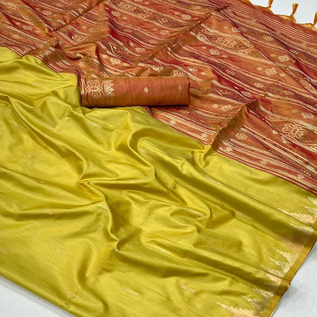 Lemon Yellow Zari Work Woven Tussar Silk Saree With Tassels