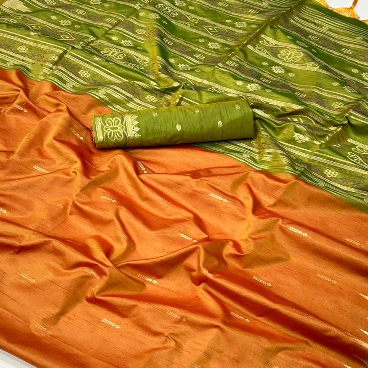 Orange Zari Work Woven Tussar Silk Saree With Tassels