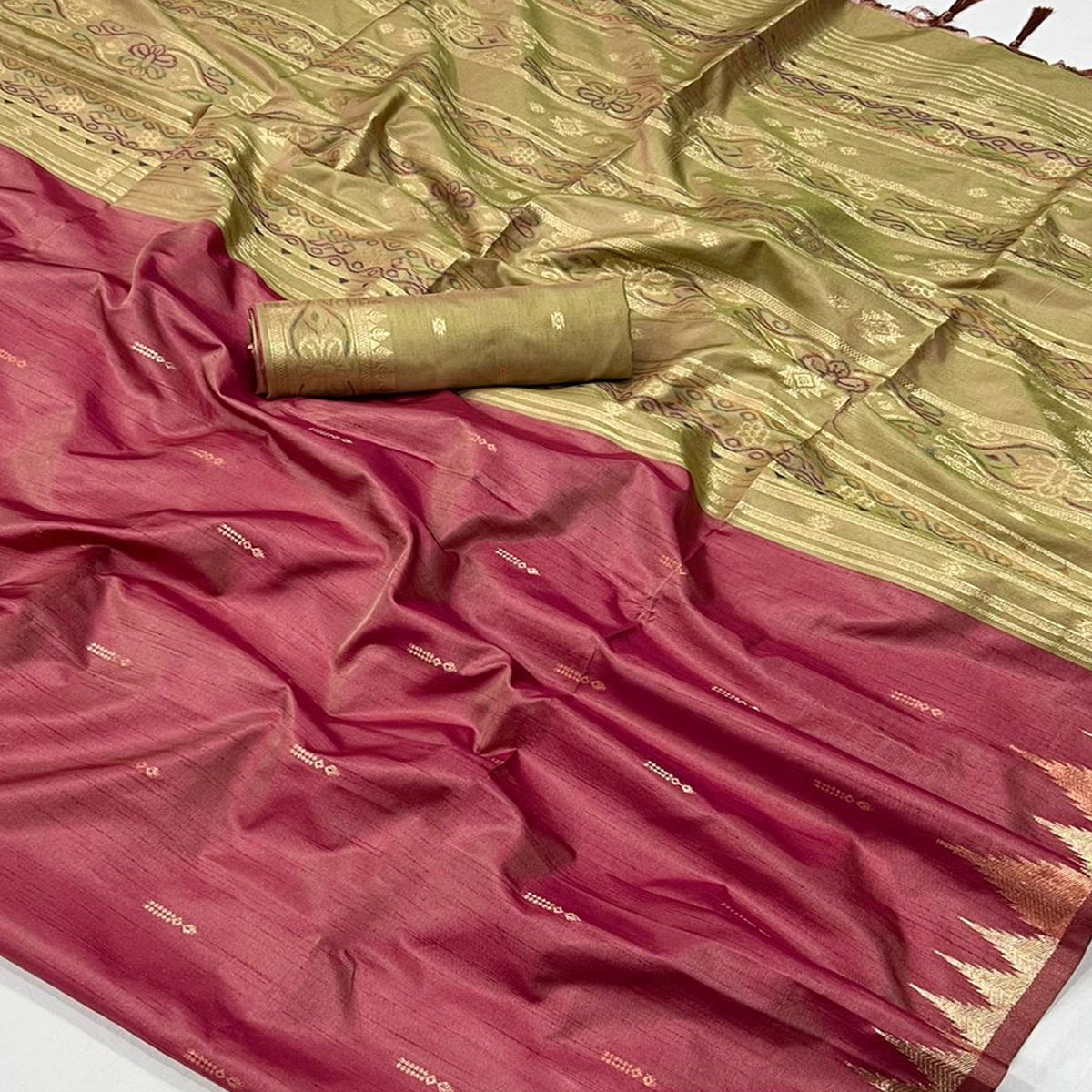 Mauve Zari Work Woven Tussar Silk Saree With Tassels