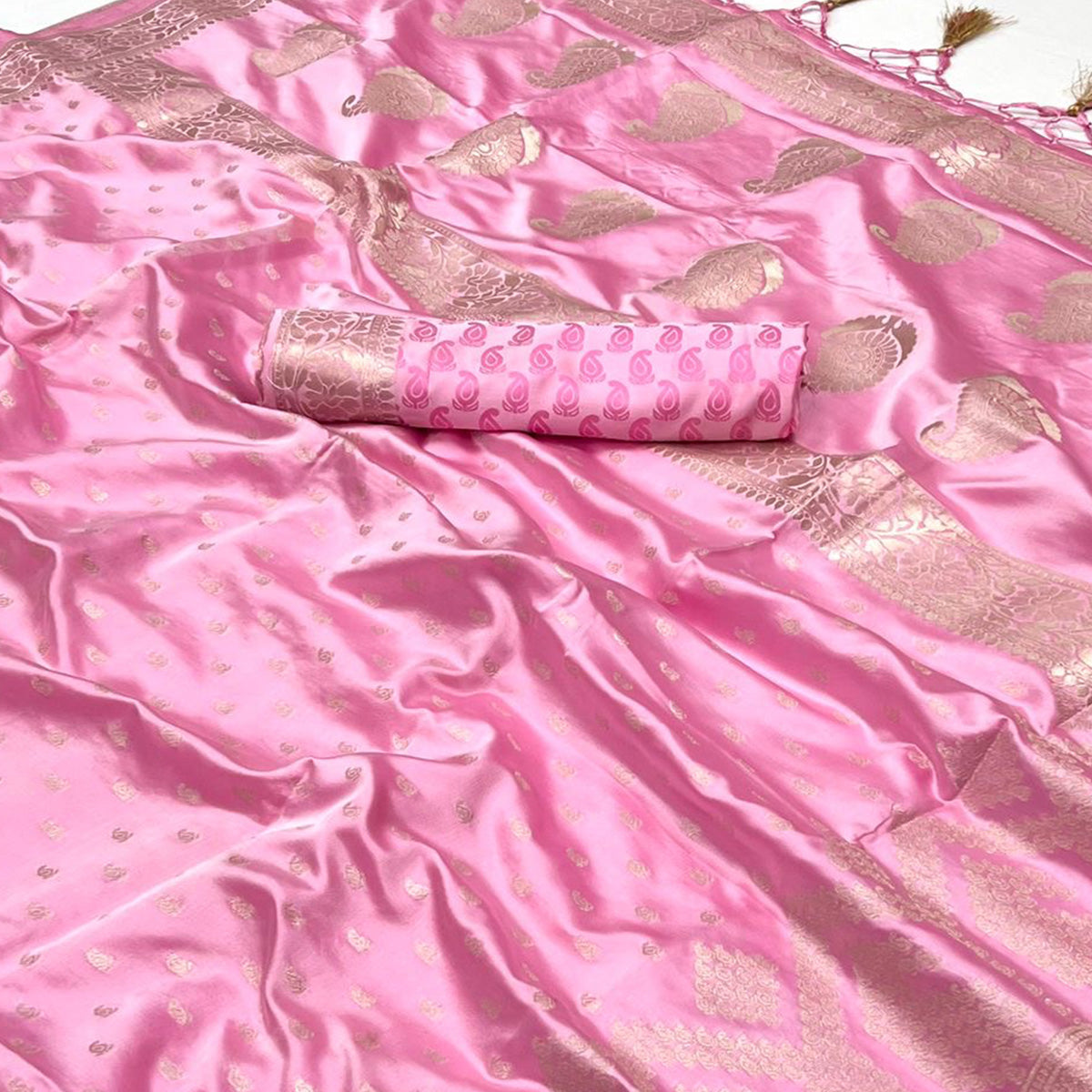 Baby Pink Woven Satin Saree With Tassels