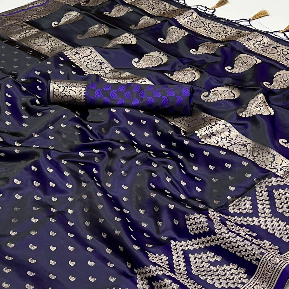 Royal Blue Woven Satin Saree With Tassels