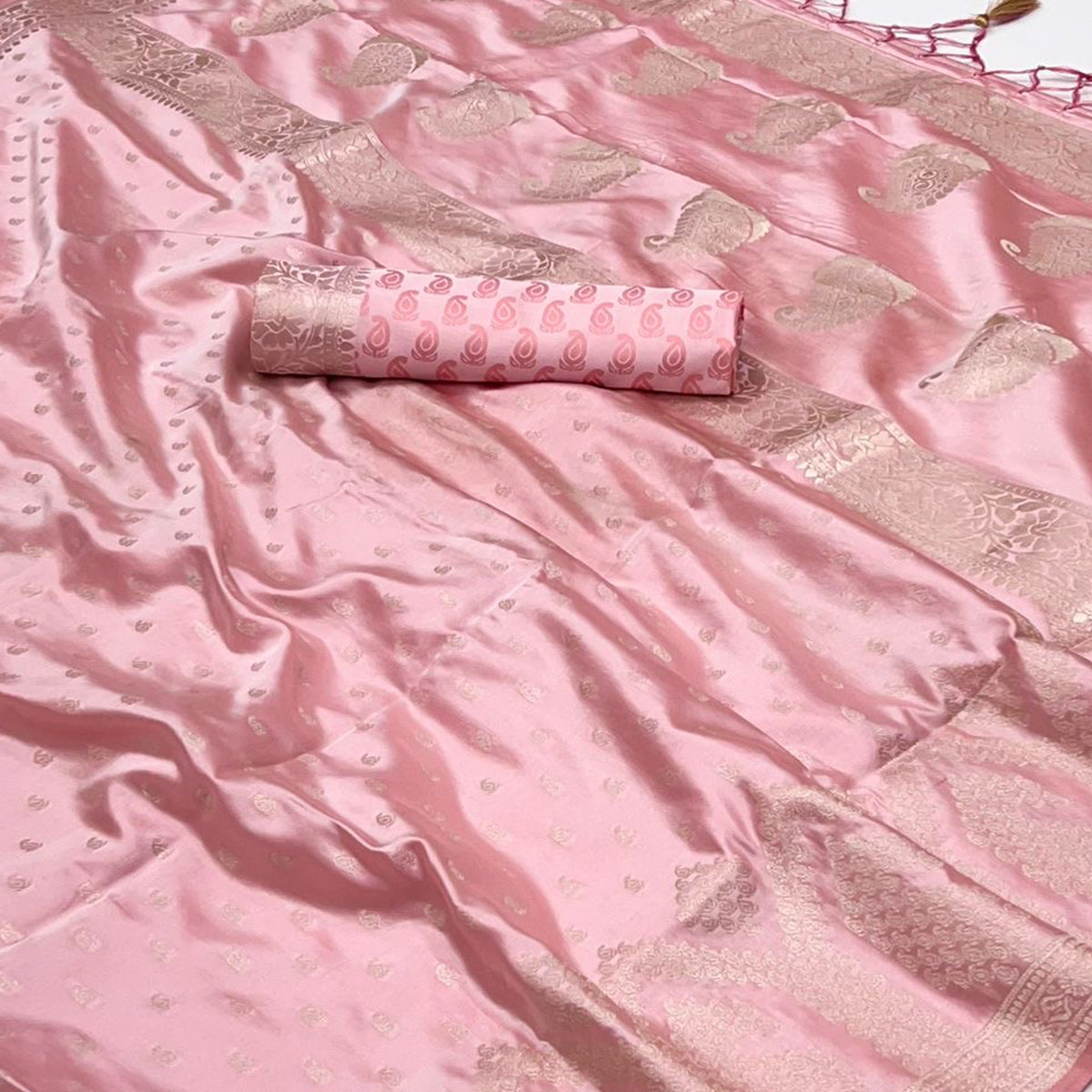 Peach Woven Satin Saree With Tassels