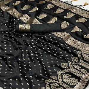 Black Woven Satin Saree With Tassels