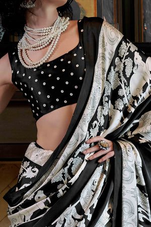 Black & White Abstract Printed Satin Crepe Saree