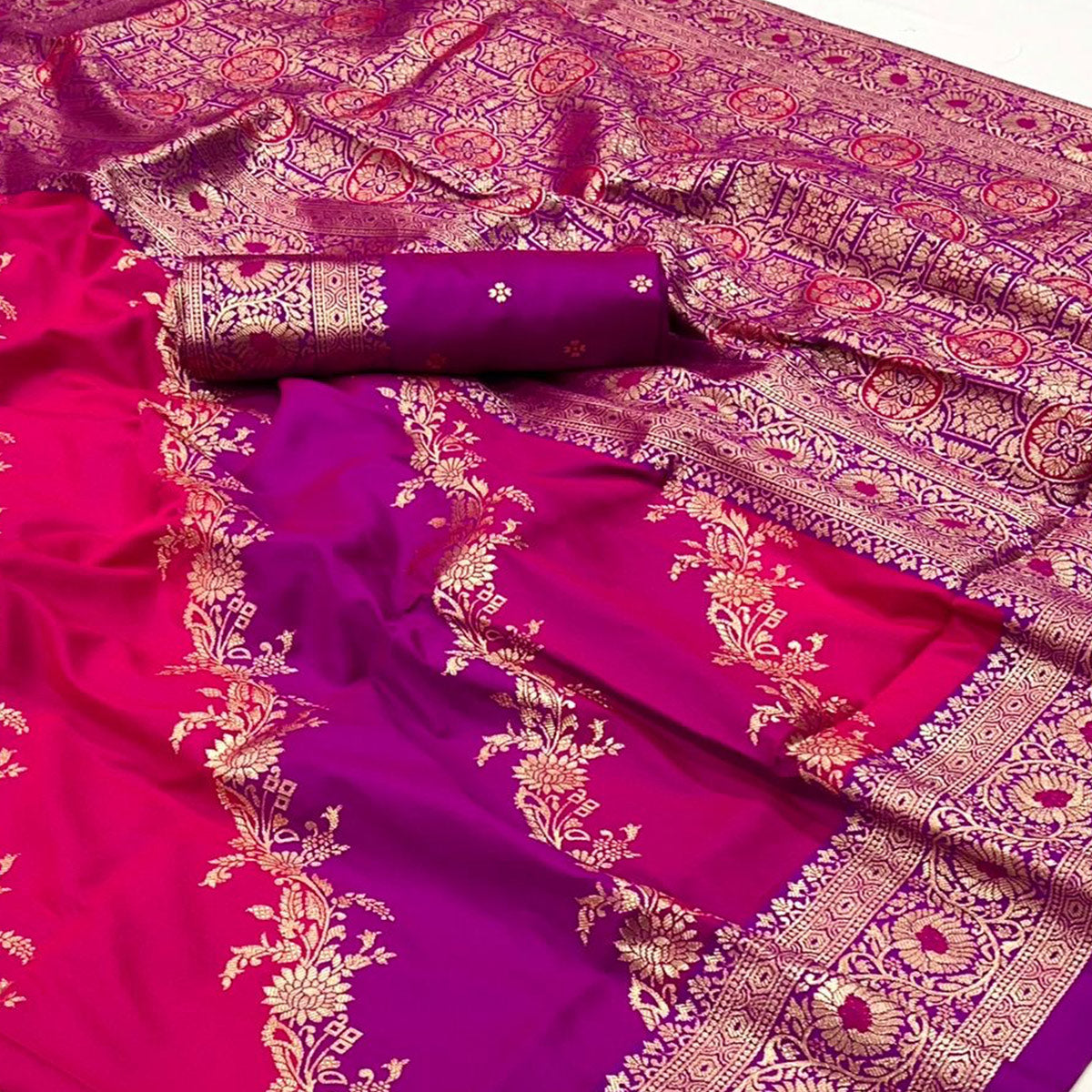 Magenta Floral Woven Art Silk Saree With Tassels