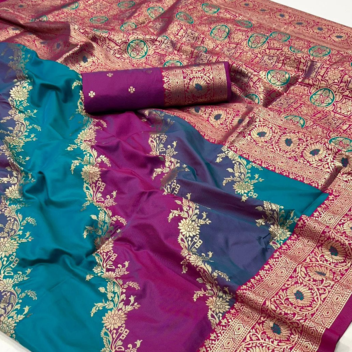 Purple Floral Woven Art Silk Saree With Tassels