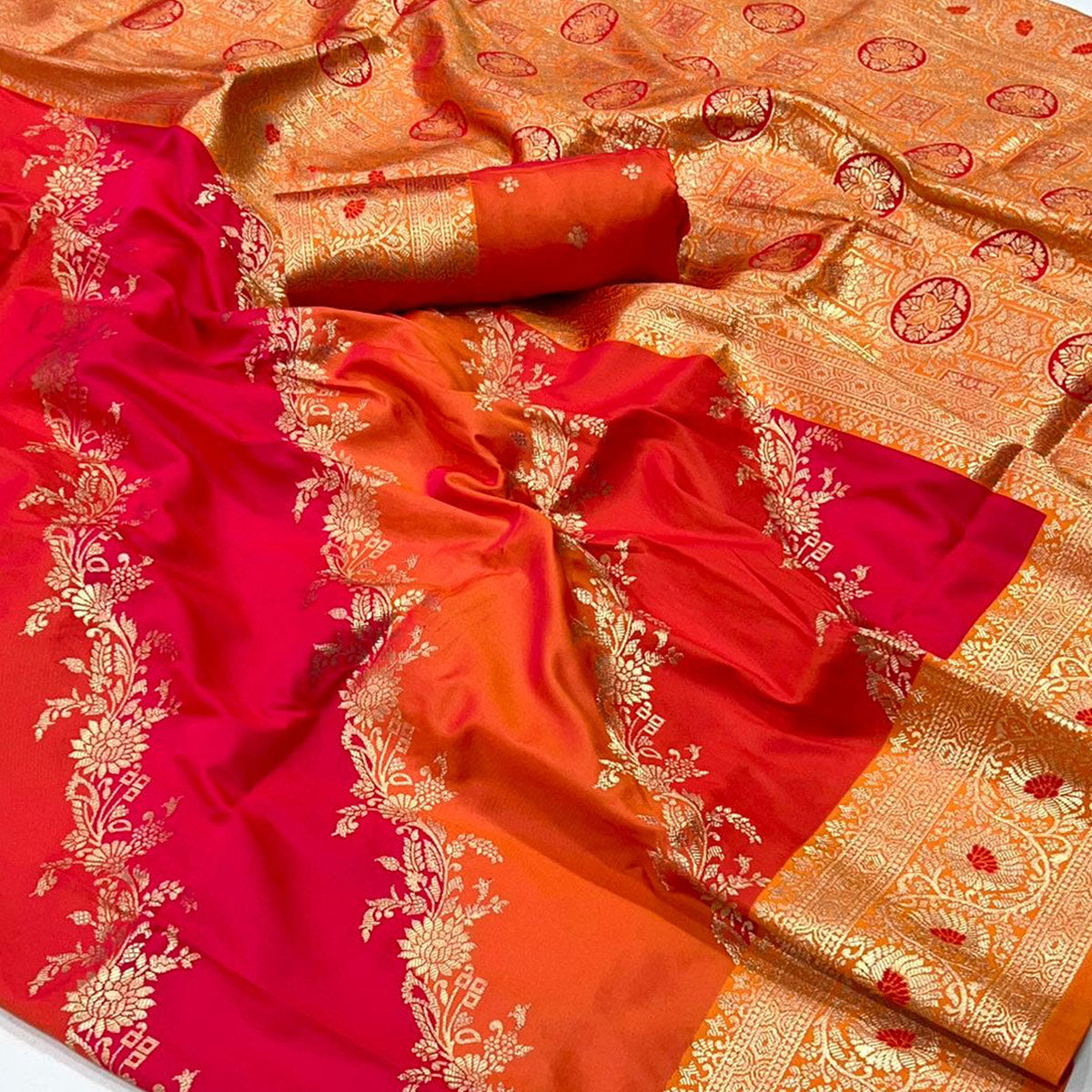 Orange Floral Woven Art Silk Saree With Tassels