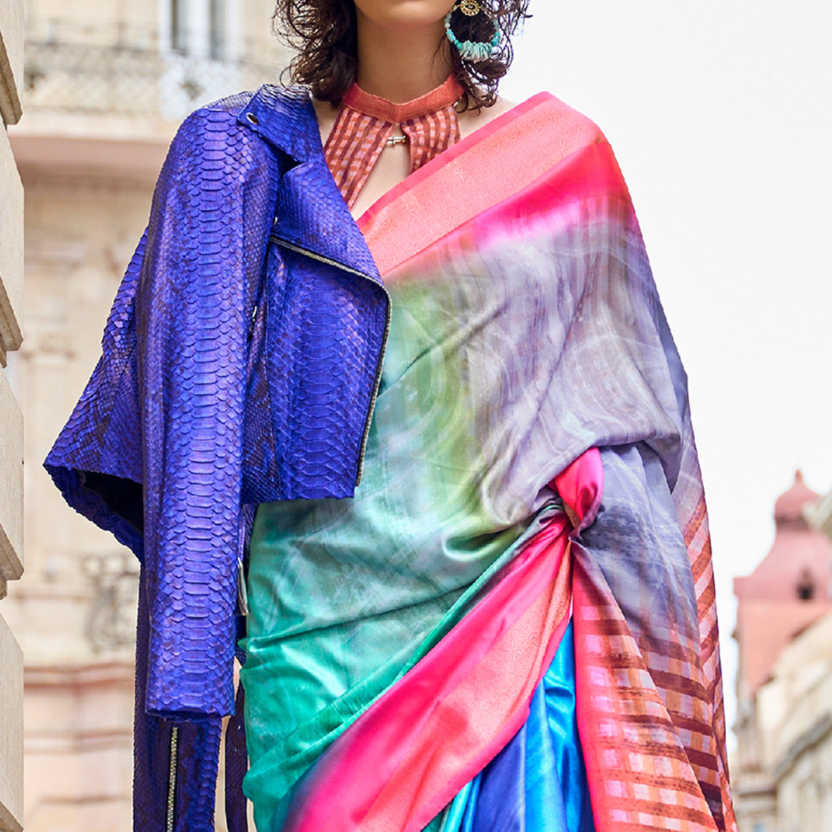 Turquoise & Pink Digital Printed Satin Saree With Tassels