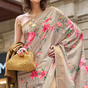 Beige Digital Printed Satin Saree With Tassels