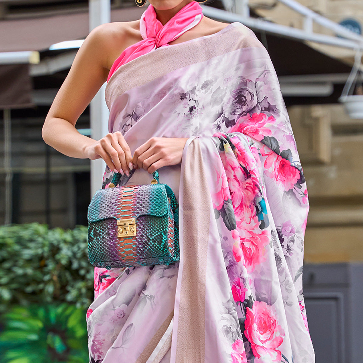 Pink Digital Printed Satin Saree With Tassels