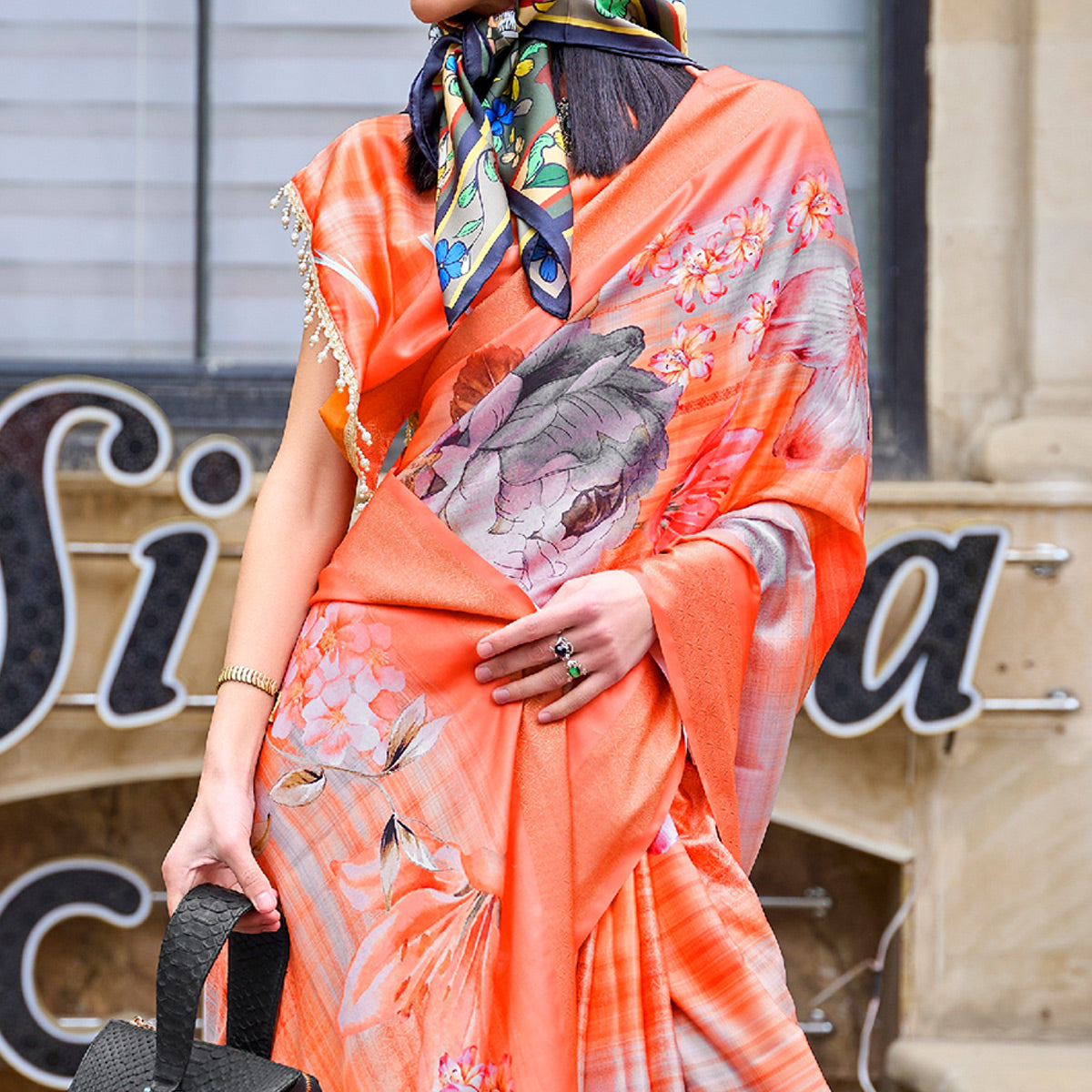 Orange Digital Printed Satin Saree With Tassels