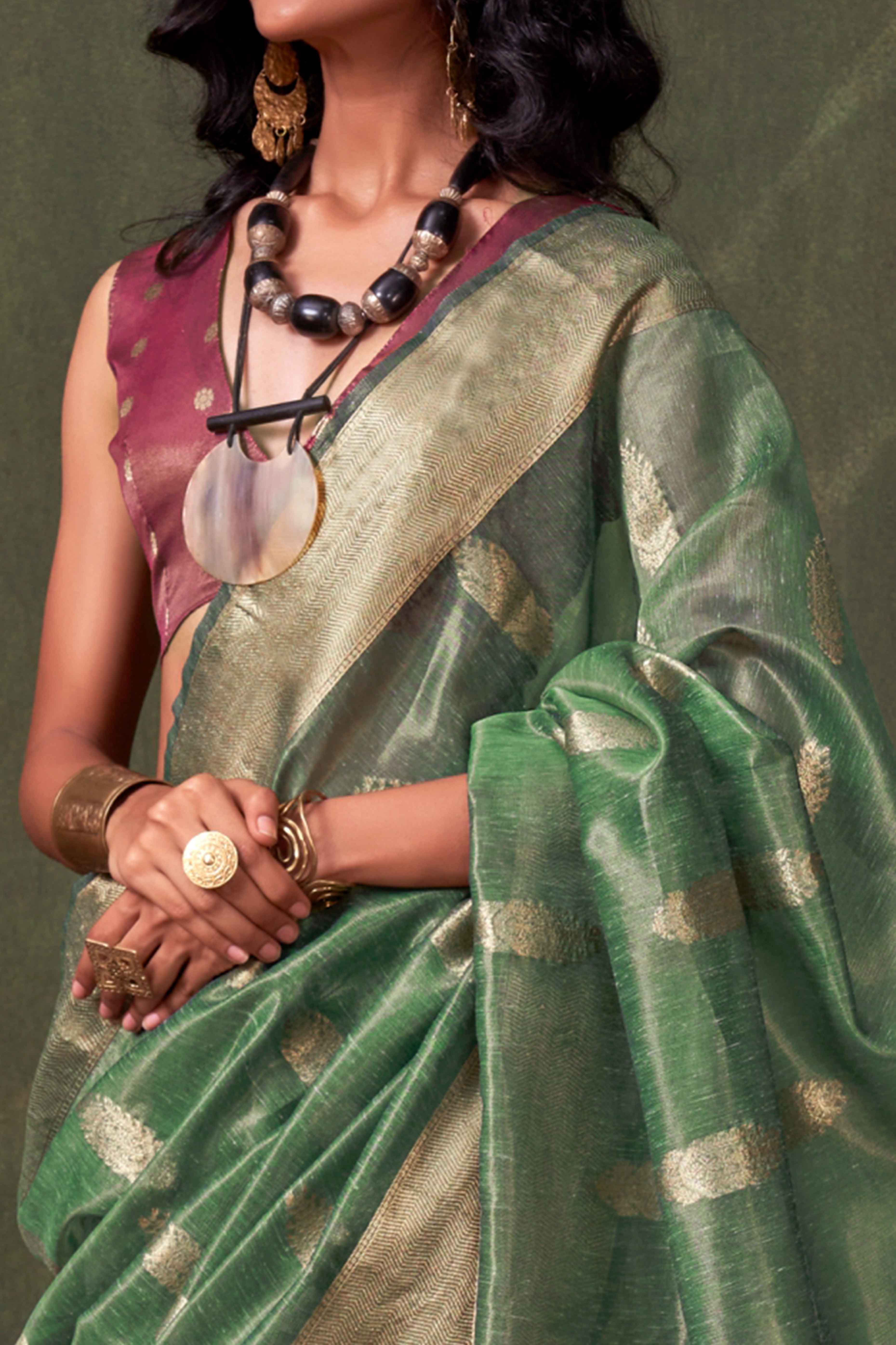 Rama Green Floral Zari Woven Tissue Paithani Style Saree