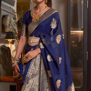 Navy Blue Woven Georgette Saree With Tassels