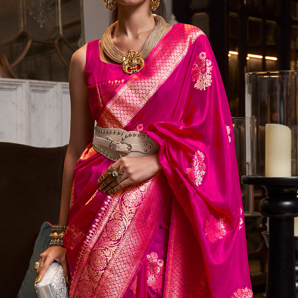 Rani Pink Woven Georgette Saree With Tassels