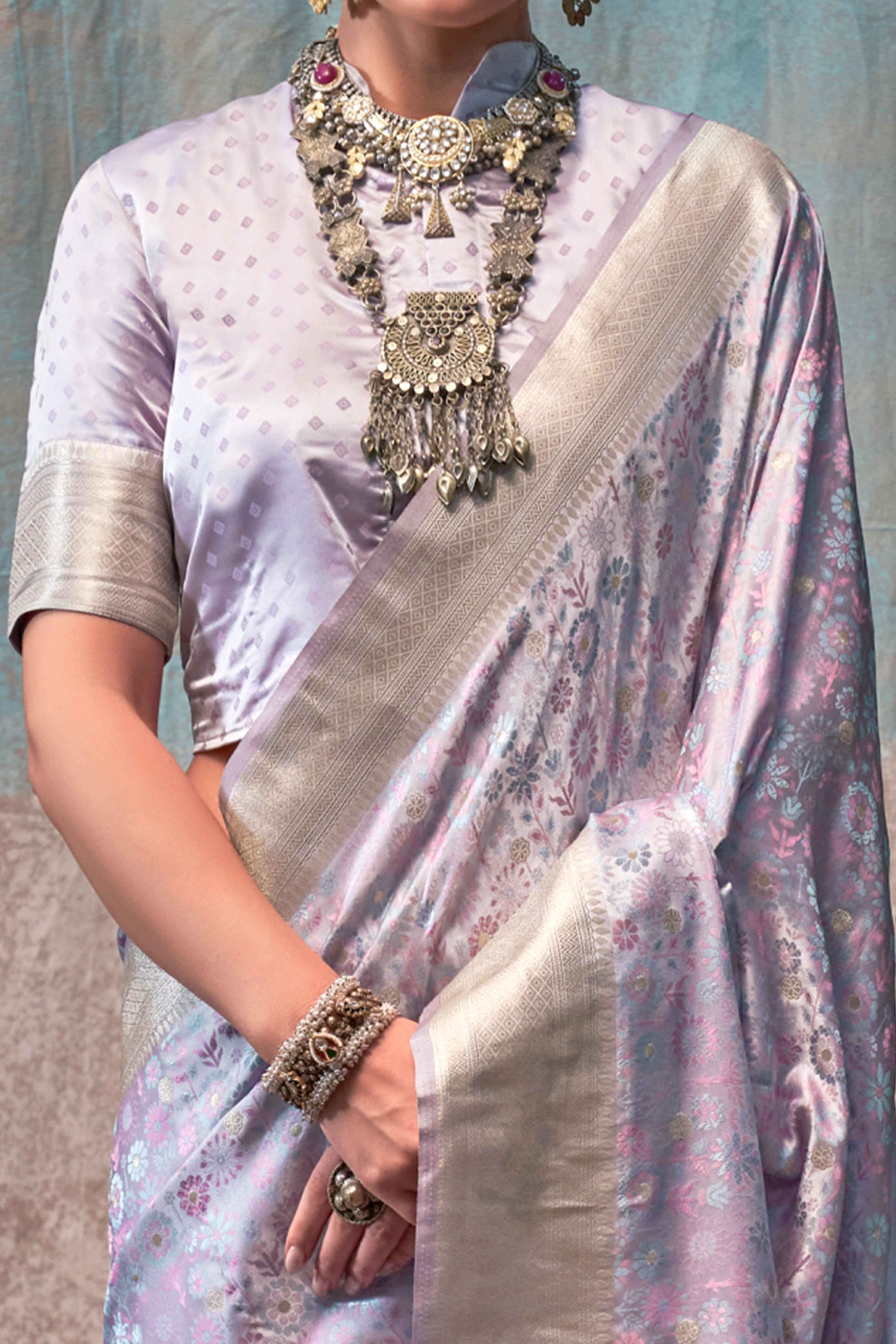 Pastel Lavender Handloom Woven Pure Satin Saree