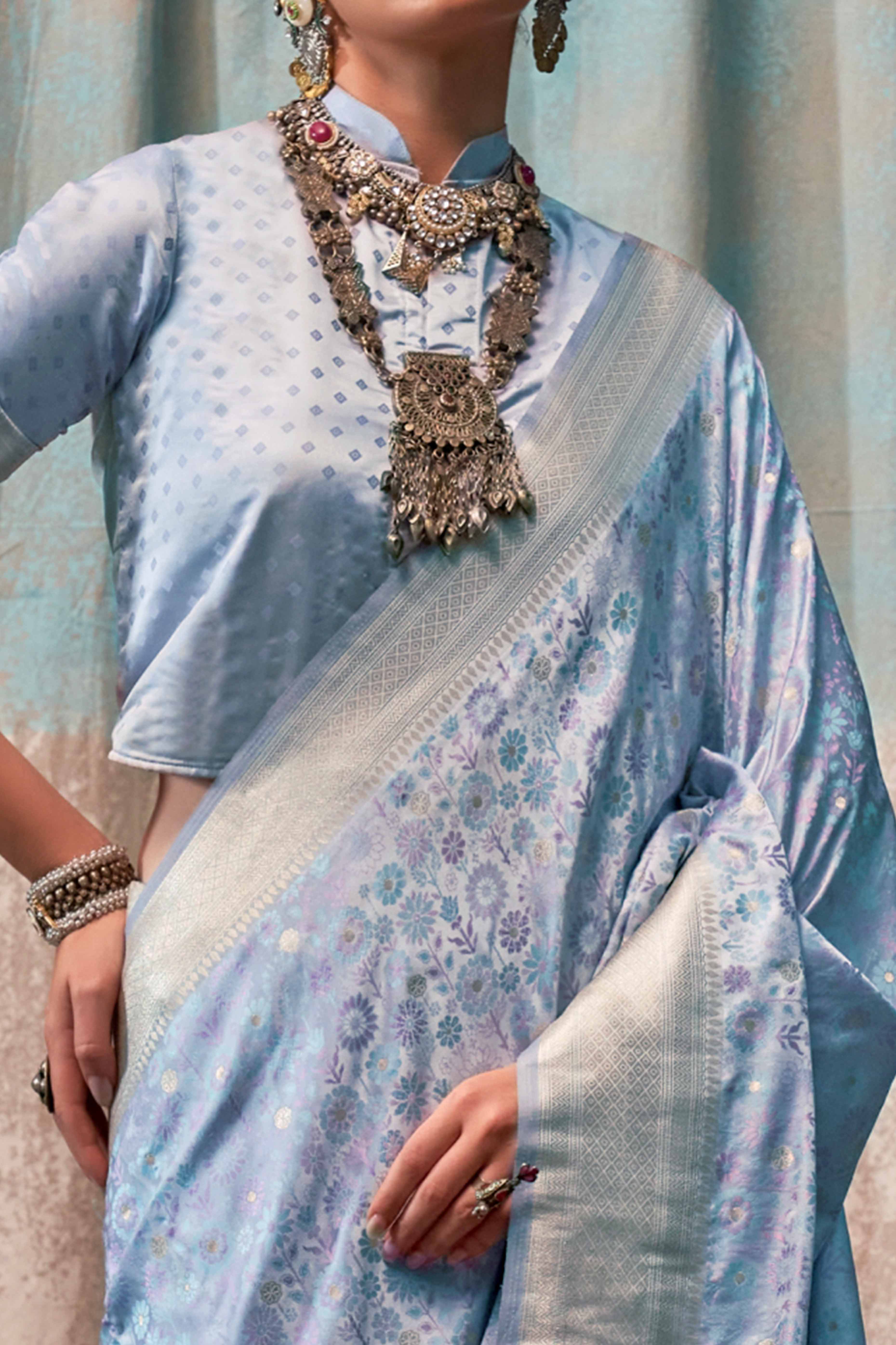 Pastel Blue Handloom Woven Pure Satin Saree
