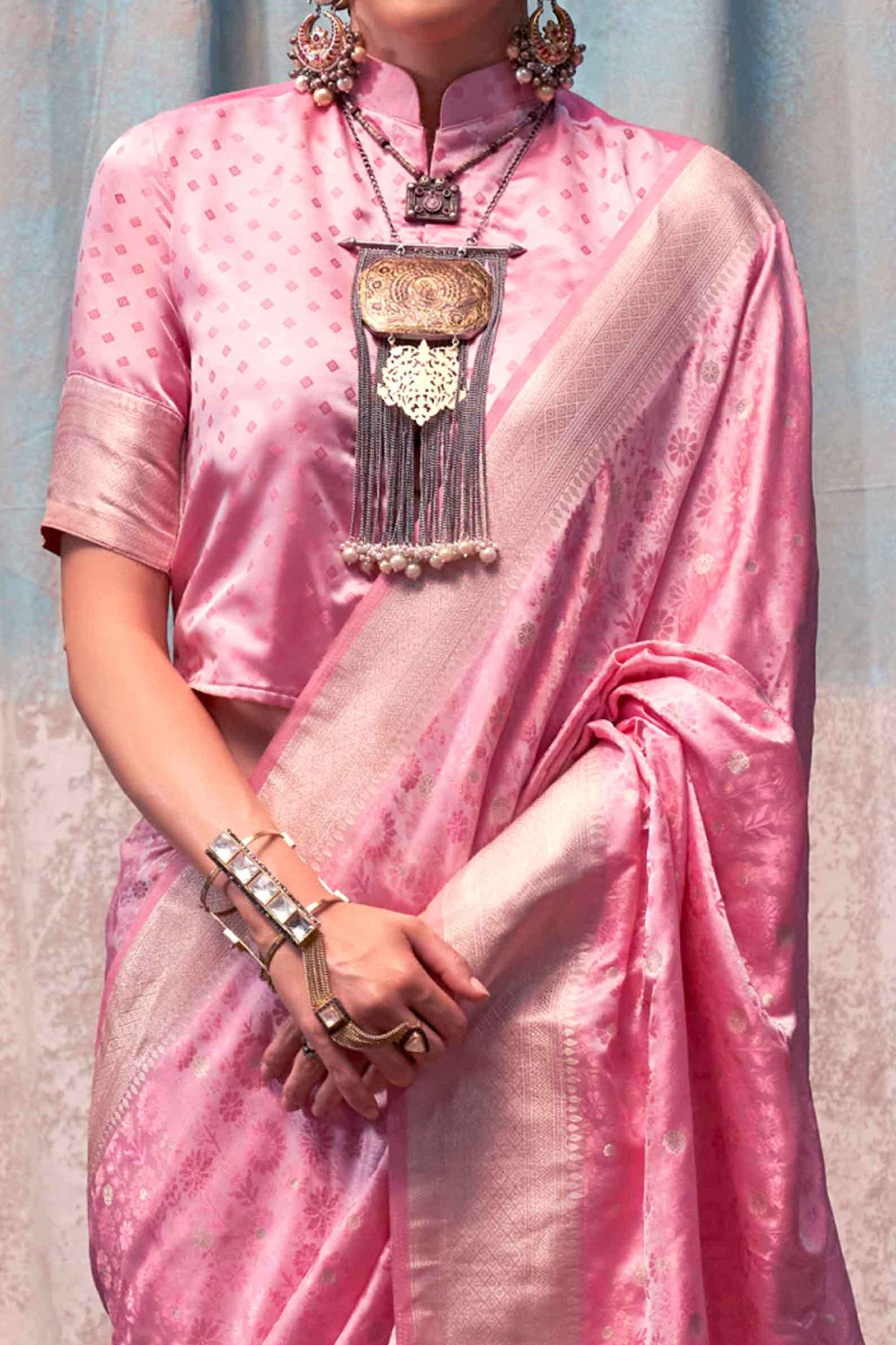 Baby Pink Handloom Woven Pure Satin Saree