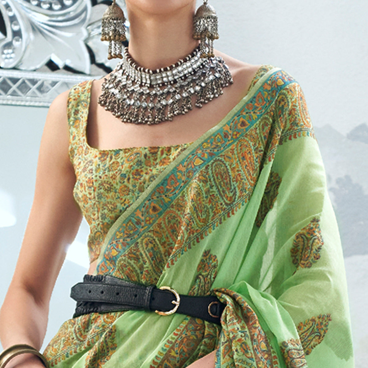 Pista Green Woven Chanderi Silk Saree