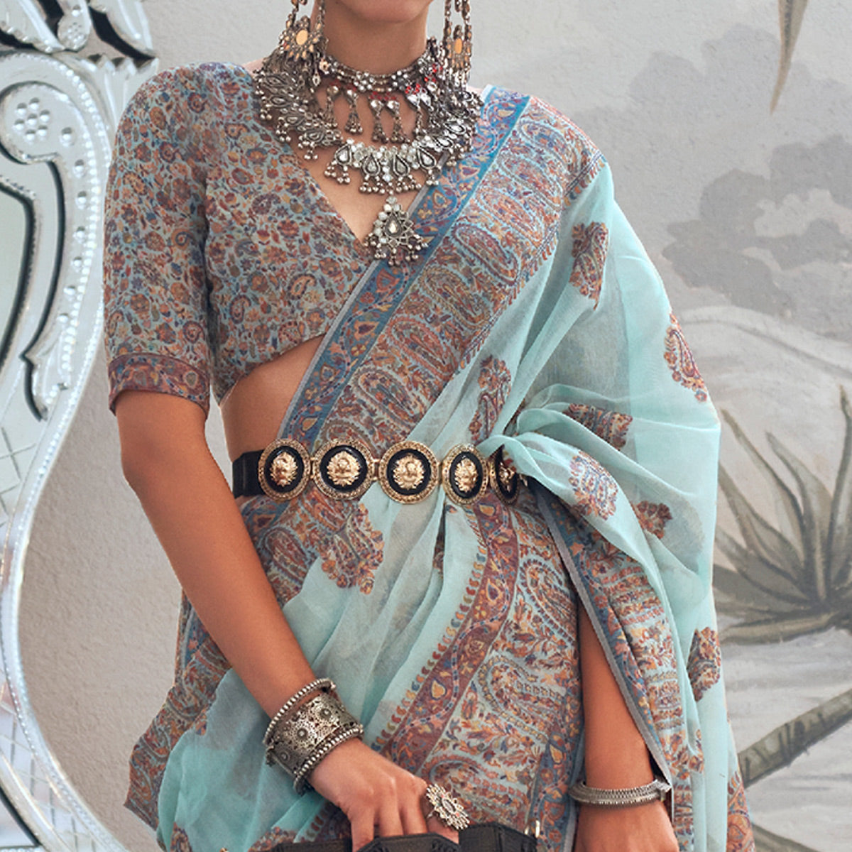Turquoise Color Chanderi Silk Saree.