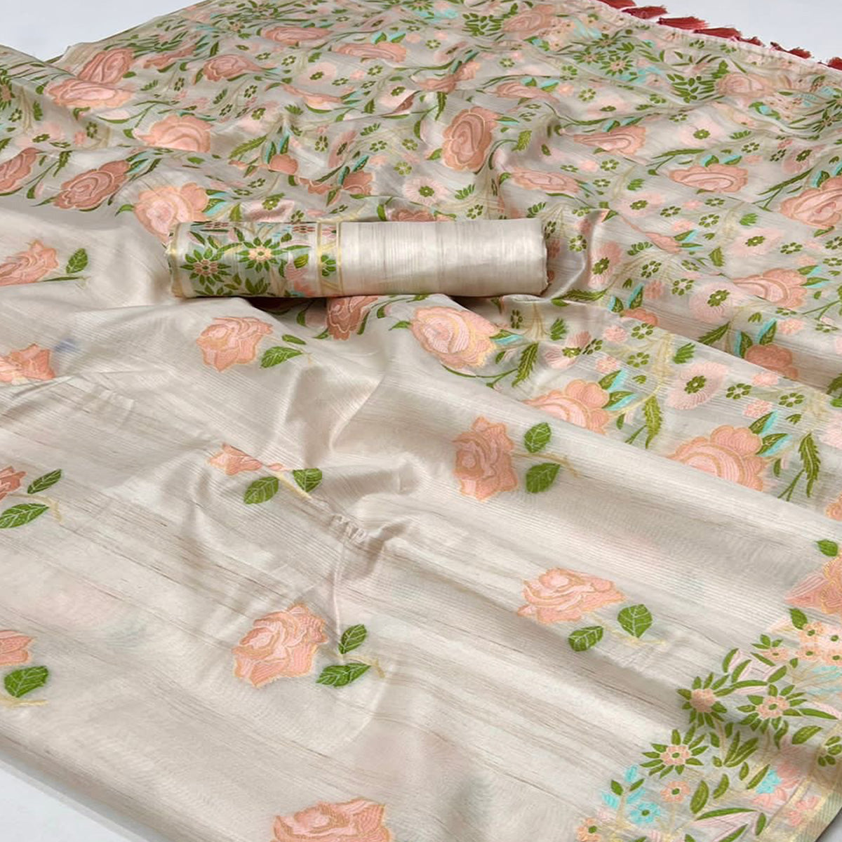 Off White Floral Woven Pure Silk Saree With Tassels