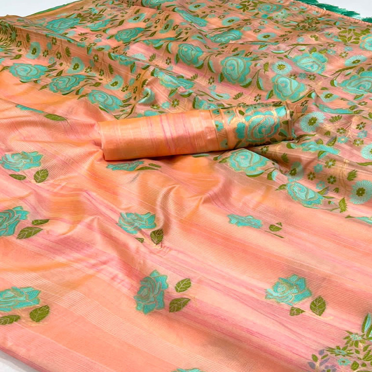 Peach Floral Woven Pure Silk Saree With Tassels