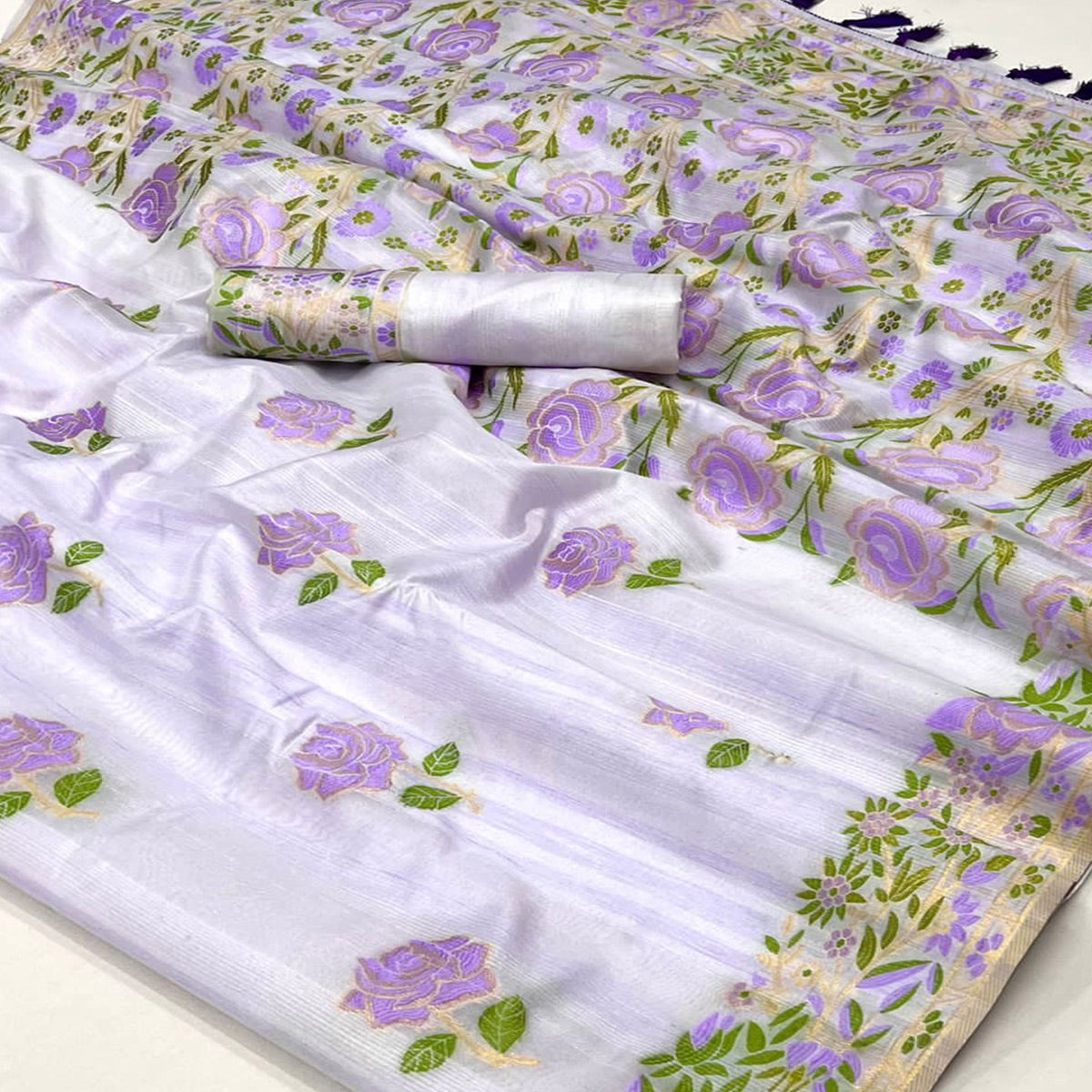 Lavender Floral Woven Pure Silk Saree With Tassels