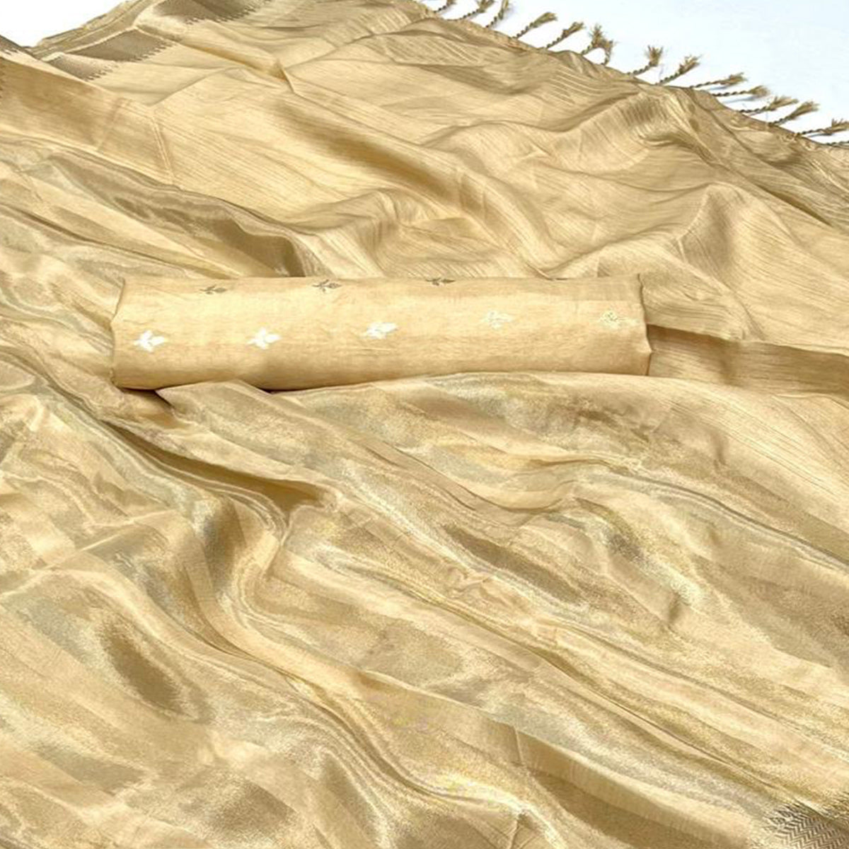 Cream Woven Viscose Saree With Tassels