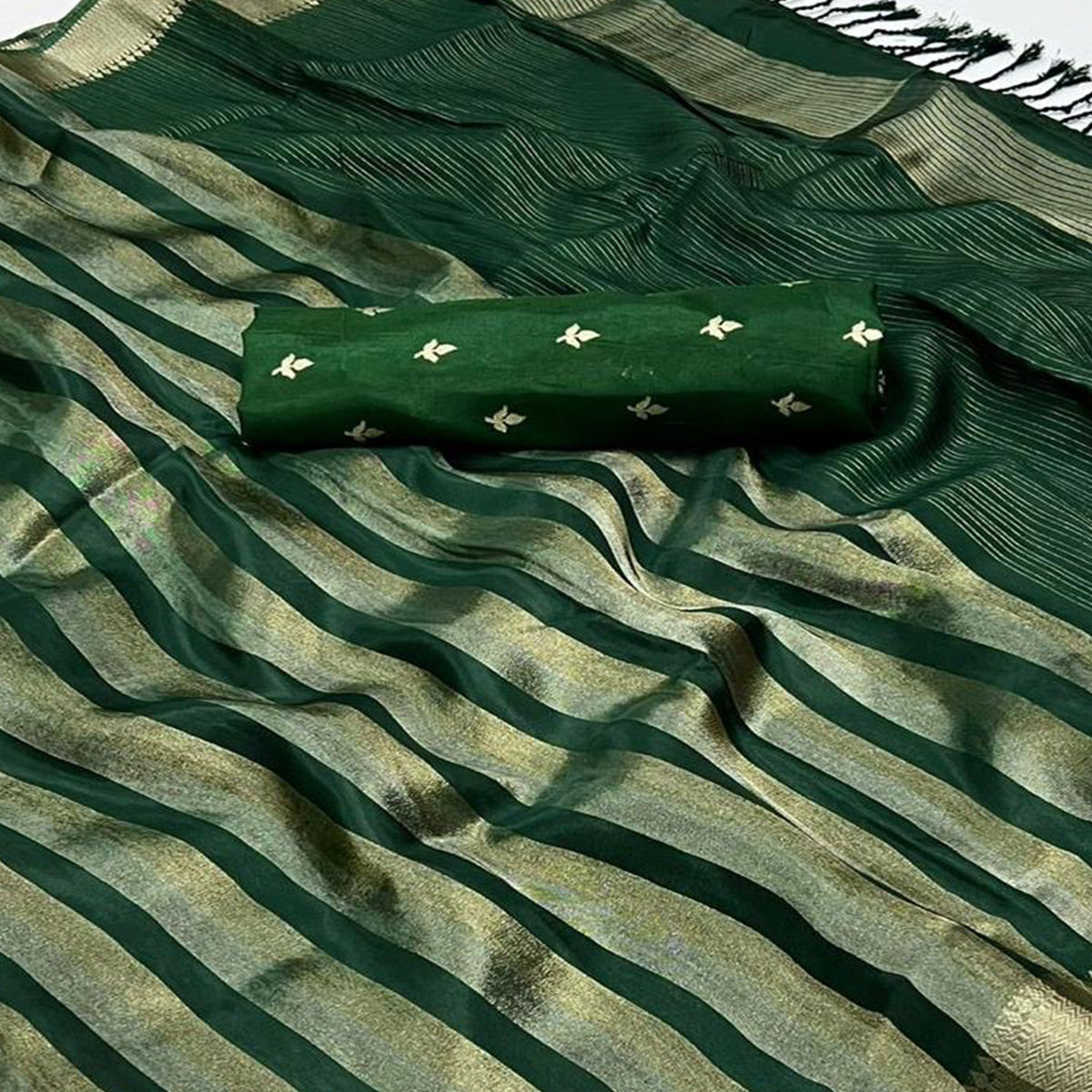 Green Woven Viscose Saree With Tassels