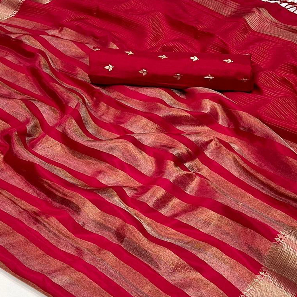Pink Woven Viscose Saree With Tassels