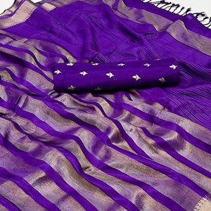 Purple Woven Viscose Saree With Tassels