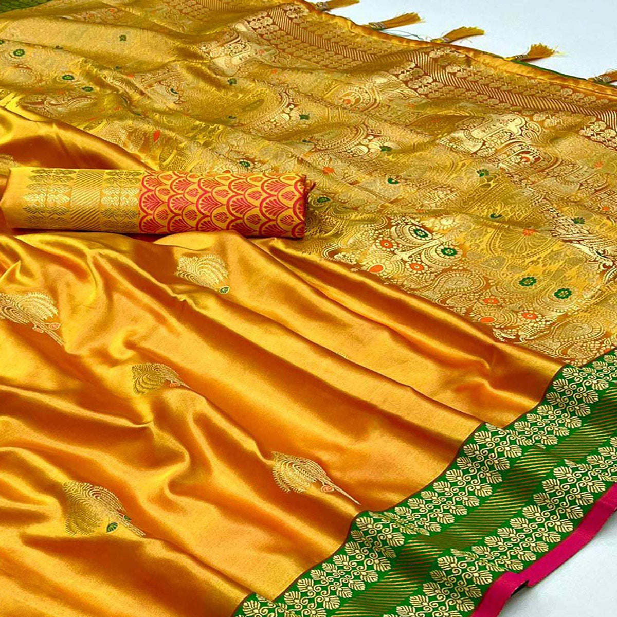 Yellow Woven Satin Saree With Tassels