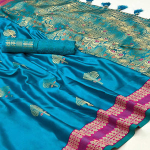 Rama Blue Woven Satin Saree With Tassels