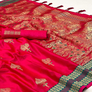 Pink Woven Satin Saree With Tassels