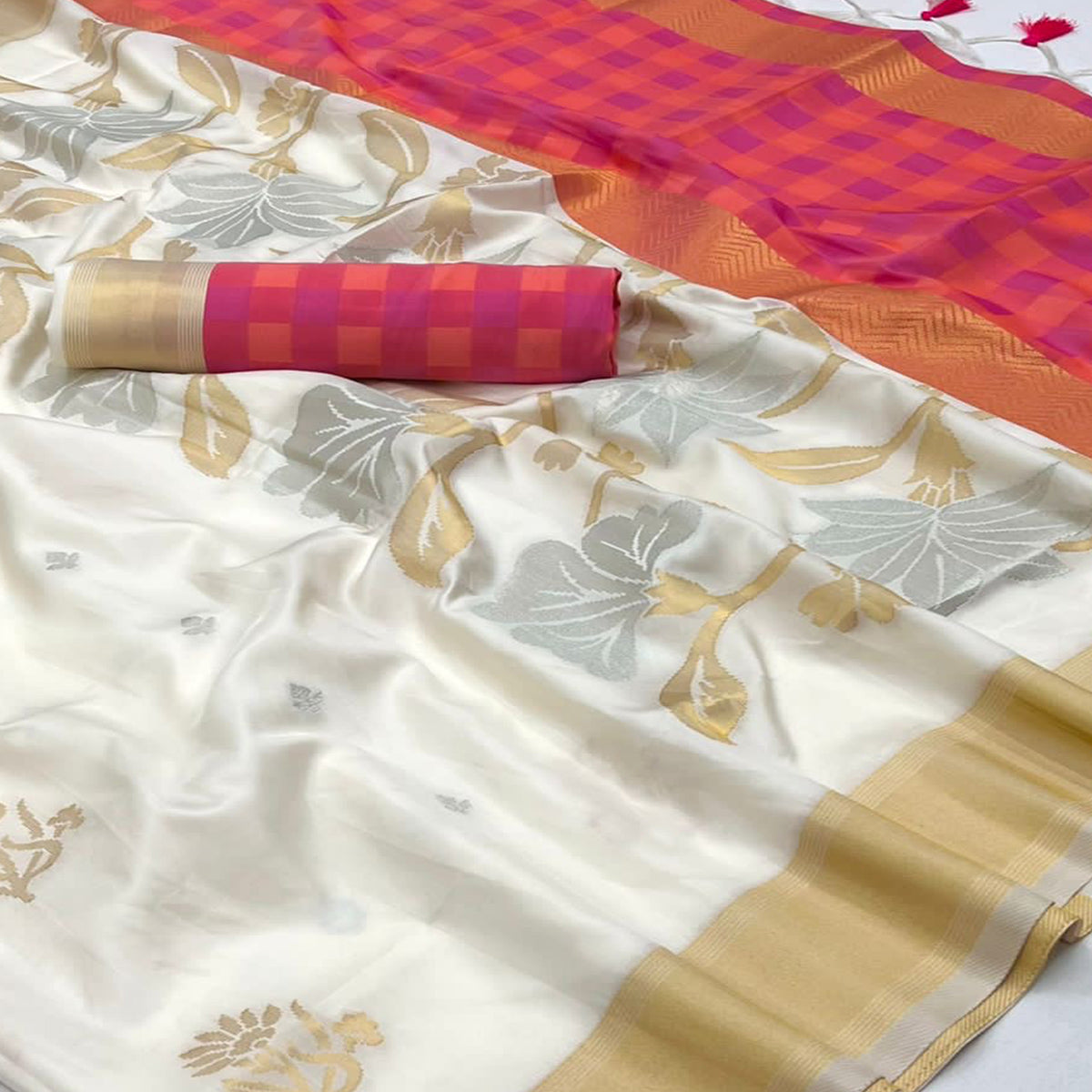 White Floral Woven Art Silk Saree With Tassels
