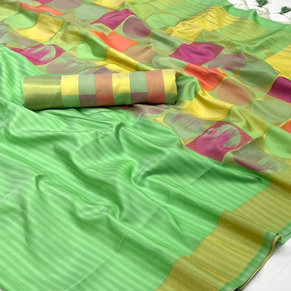 Green Floral Woven Art Silk Saree With Tassels