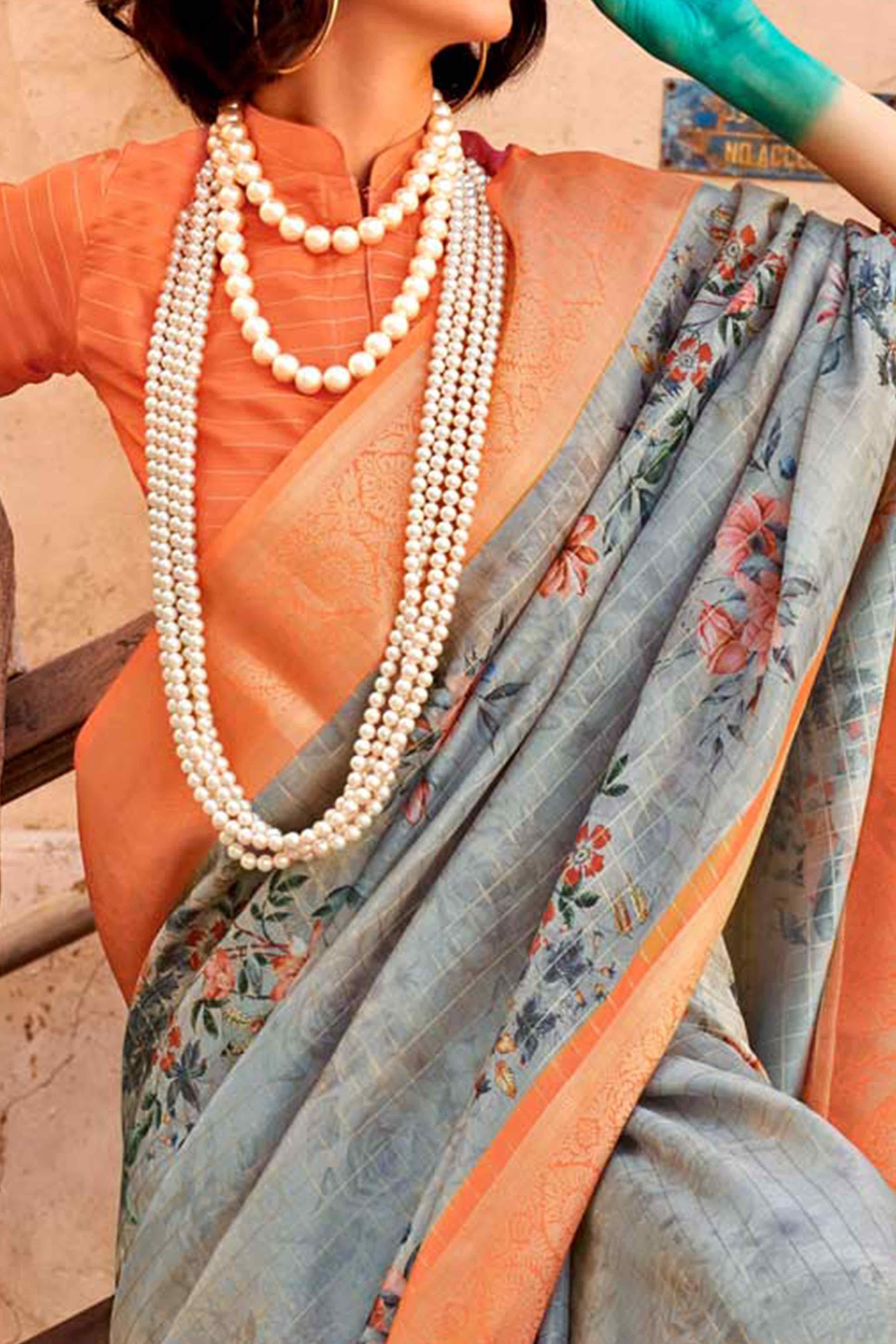 Grey & Orange Woven Floral Printed Georgette Saree