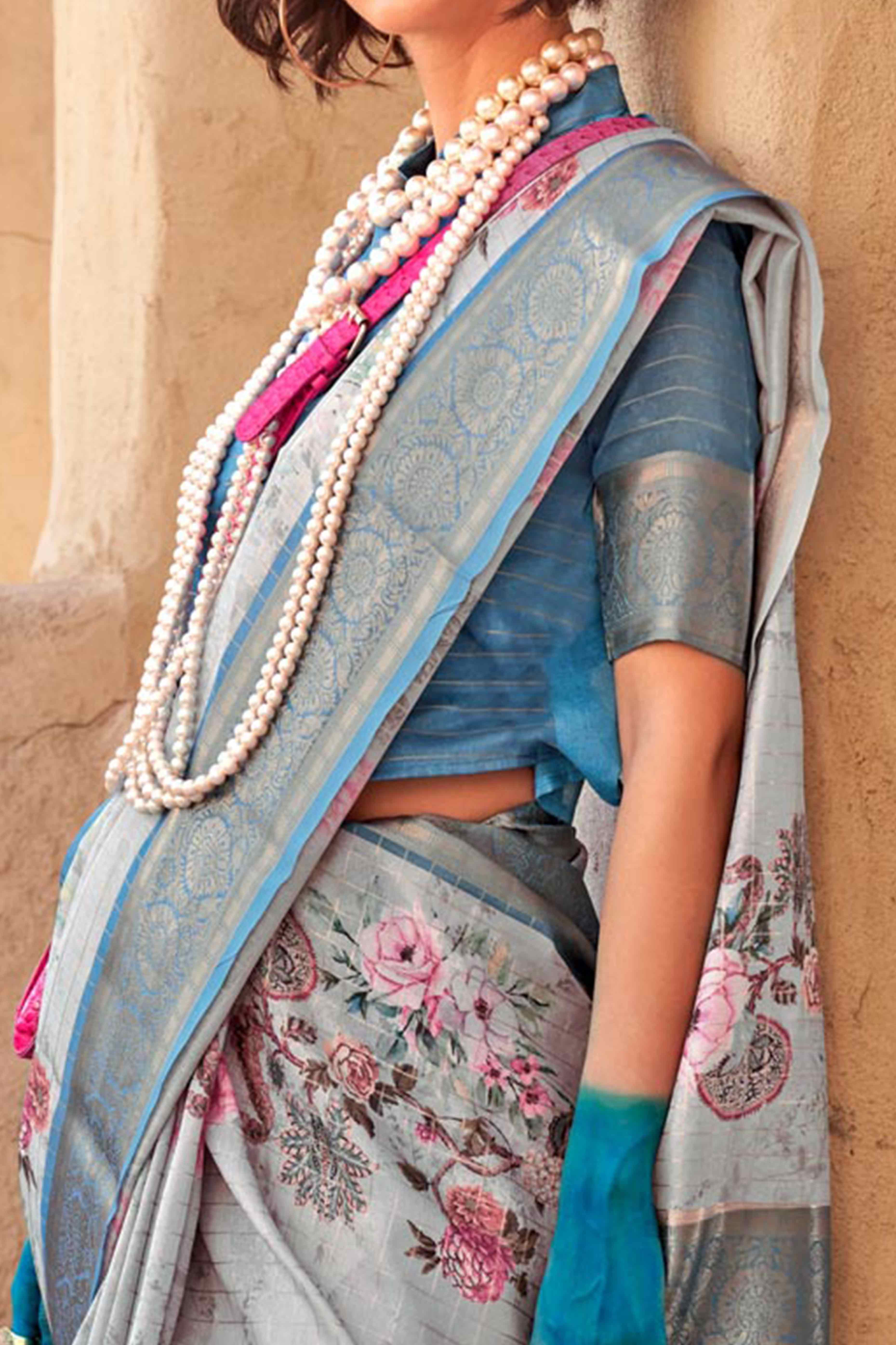 Grey & Blue Woven Floral Printed Georgette Saree