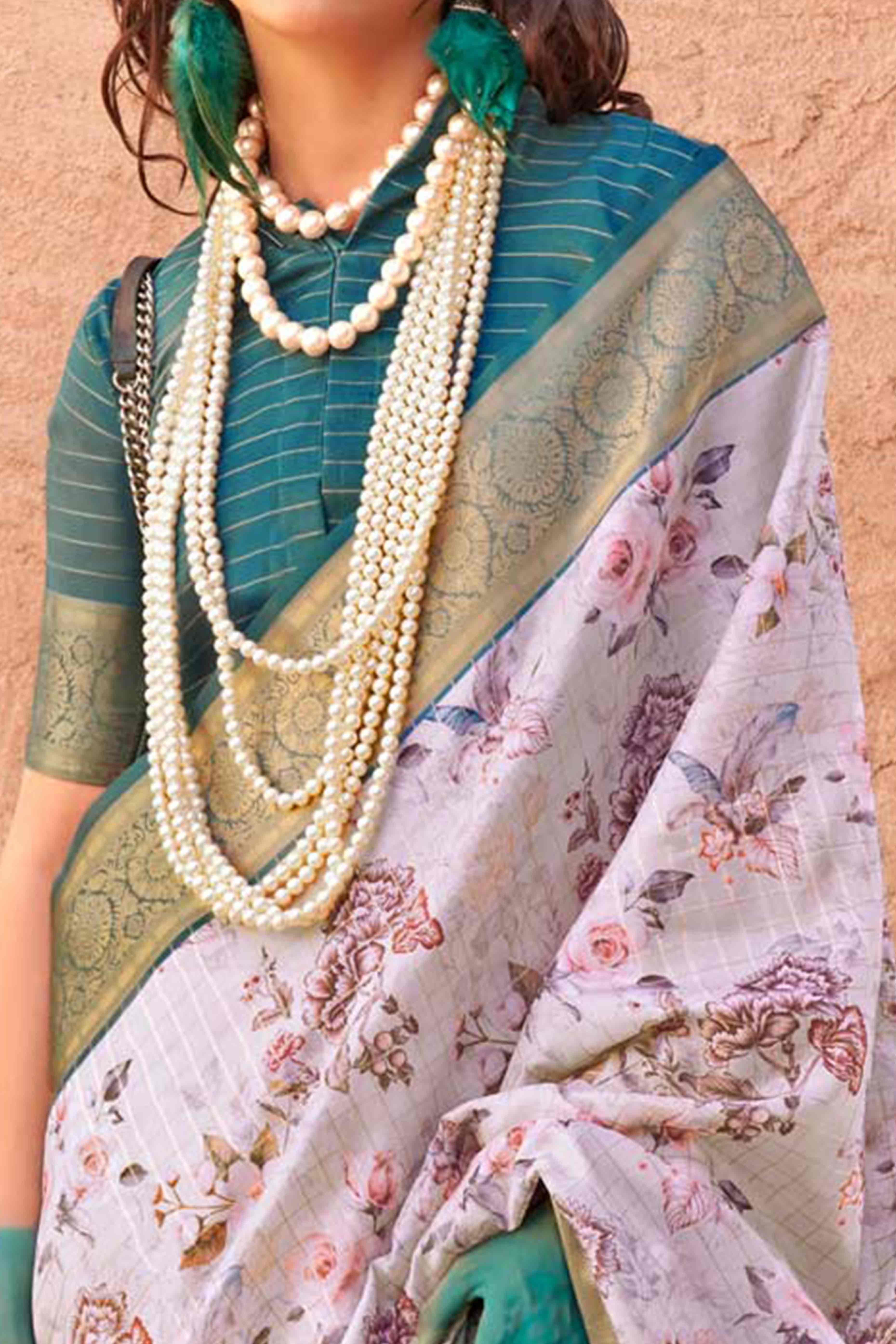 Light Mauve Woven Floral Printed Georgette Saree