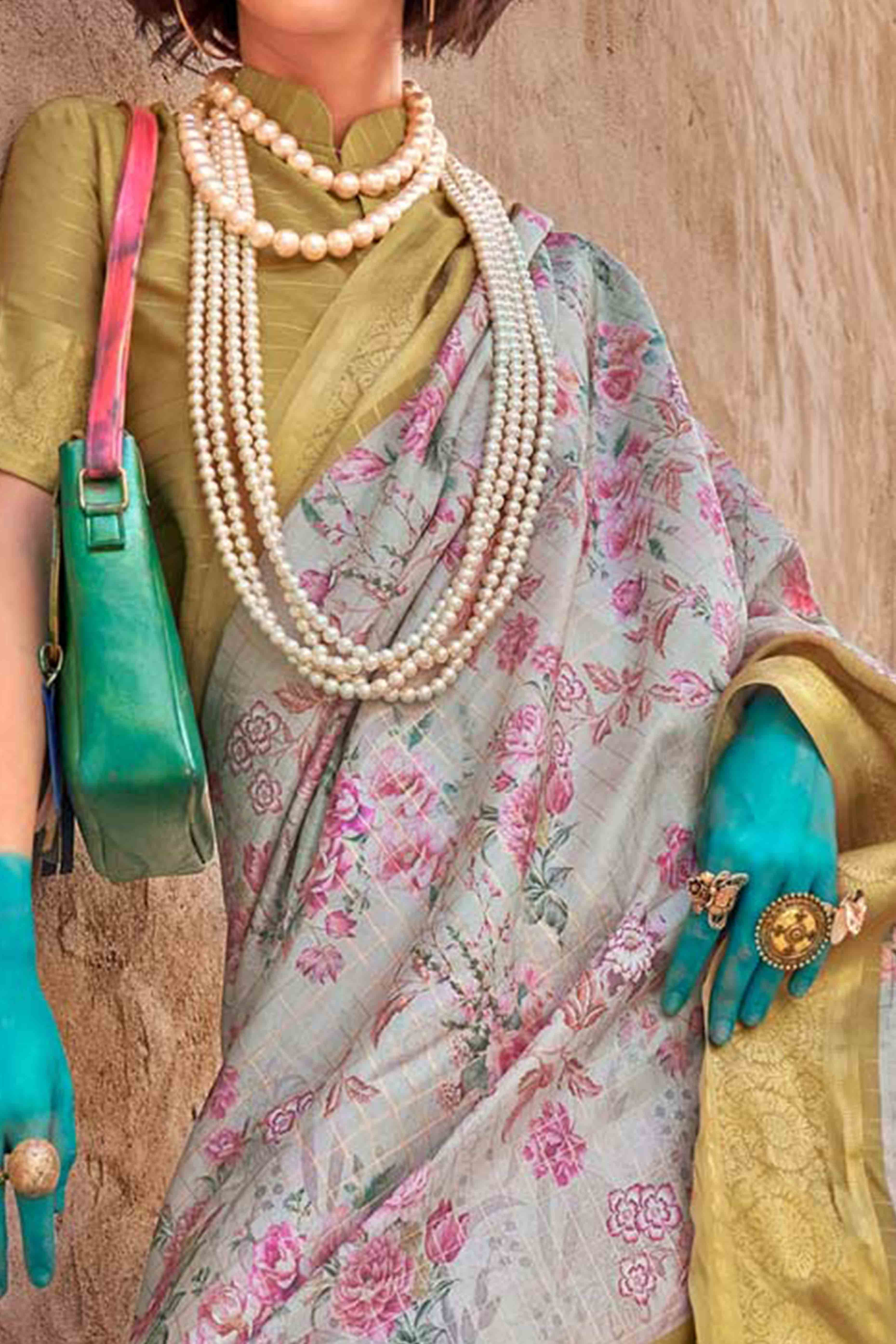 Grey & Mustard Woven Floral Printed Georgette Saree