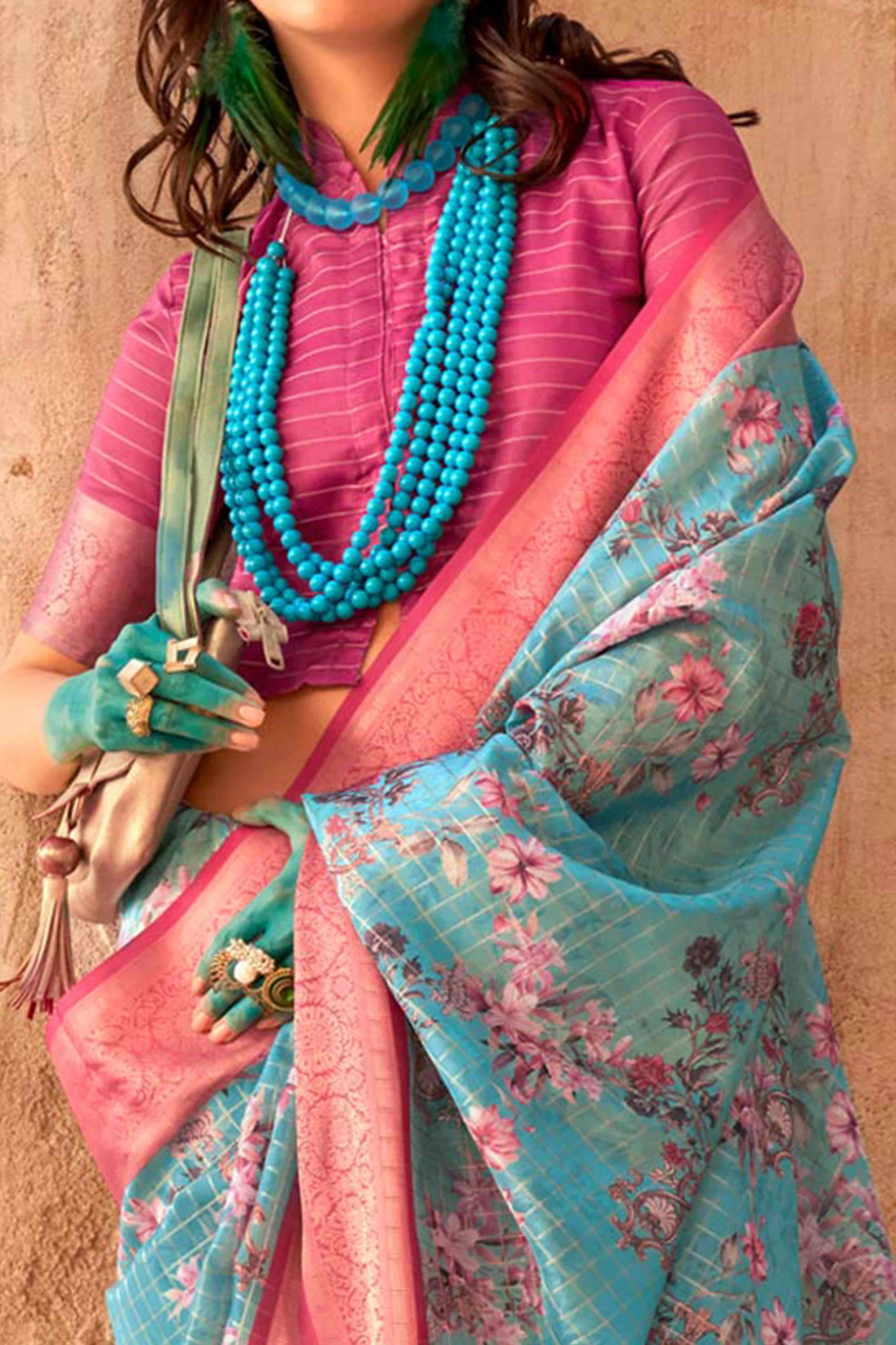 Turquoise Woven Floral Printed Georgette Saree